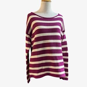 GAP STRIPED LONG SLEEVE KNIT OVERSIZED SWEATER MAGENTA WHITE SIZE SMALL